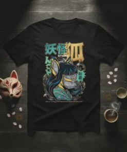 T-shirt design featuring "KITSUNE YOMAL BE MYSTIC MYSTICAL SOUL RECREATES YONIA JAPANESE FOLKLORE" text with a masked fox spirit graphic