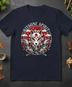 Kitsune Spirit Japanese fox mask t-shirt design with cherry blossoms and crossed swords, featuring traditional oriental art style