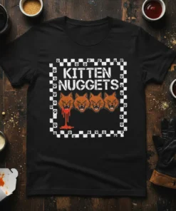 Kitten Nuggets T-Shirt with distressed white text and four angry cat faces with a bloody drip effect