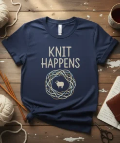 Knit Happens t-shirt with sheep graphic and circular yarn design, featuring text "KNIT HAPPENS" in textured font