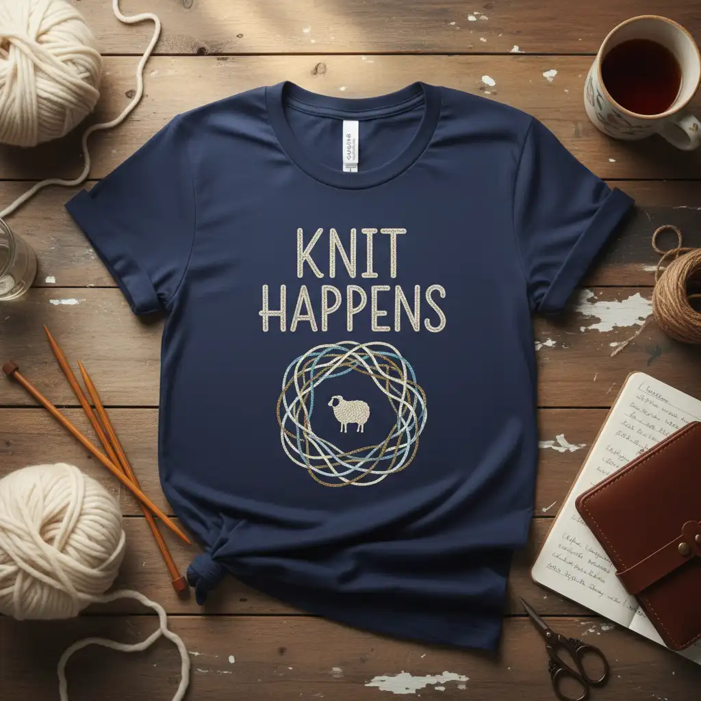 Knit Happens t-shirt design with sheep and yarn circle, perfect for knitting enthusiasts