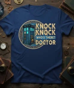 Doctor Who TARDIS "Knock Knock Who's There? Doctor" quote design on a navy blue t-shirt