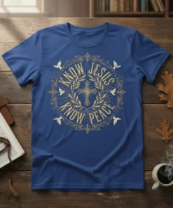Christian t-shirt with "Know Jesus Know Peace" quote, a golden cross, and doves in a circular design