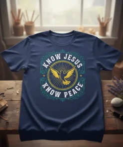 Know Jesus Know Peace t-shirt with a golden dove and circular design