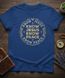 Blue t-shirt with gold text "Know Jesus Know Jesus Know Peace Know Peace" in a circular design with laurel wreath