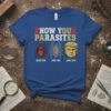Know Your Parasites T-Shirt design with Deer Tick, Dog Tick, and Trump caricature labels