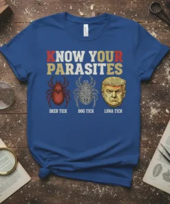 Know Your Parasites T-Shirt design with Deer Tick, Dog Tick, and Trump caricature labels