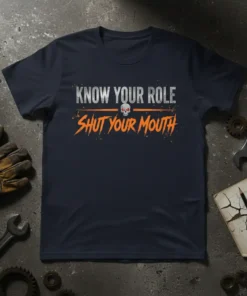 Know Your Role Shut Your Mouth T-Shirt with skull graphic, featuring bold orange and gray text on a navy shirt