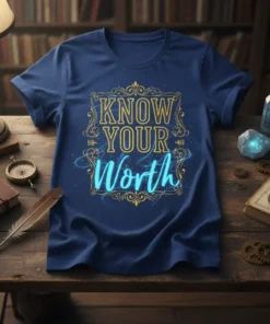 Blue t-shirt with "KNOW YOUR Worth" text in gold and light blue, featuring ornate borders and swirling accents