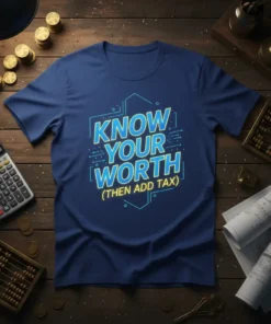 Blue t-shirt with "KNOW YOUR WORTH (THEN ADD TAX)" in blue and yellow text, featuring abstract geometric lines