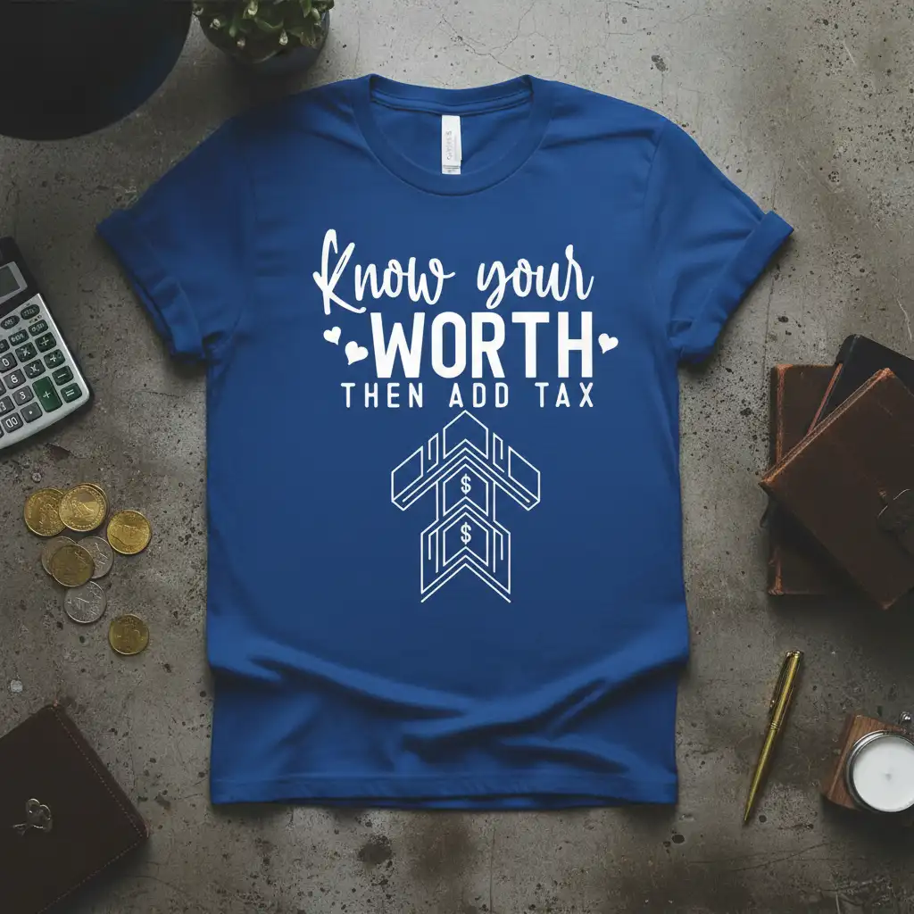 Know your WORTH THEN ADD TAX quote design on a blue t-shirt, featuring financial growth graphic and witty text