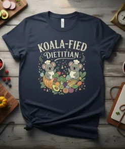 Koala-fied Dietitian T-Shirt design with two koalas in chef hats and a variety of colorful fruits and vegetables
