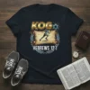KOG Hebrews 12:1 t-shirt design featuring a running man on a scroll with a Star of David and laurel wreath
