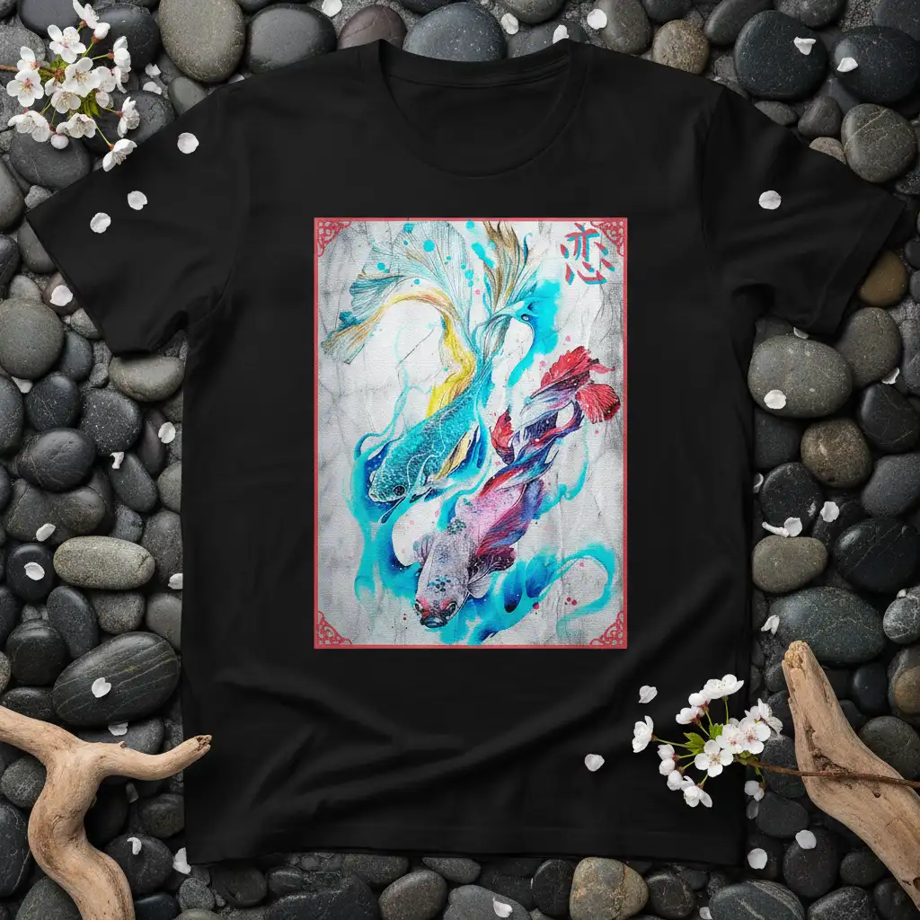 Koi Fish Love Japanese Symbol detailed print printed on soft premium material creating a standout t-shirt
