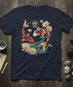 Koi Swim T-Shirt with Japanese koi fish swimming among water lilies, featuring oriental art style