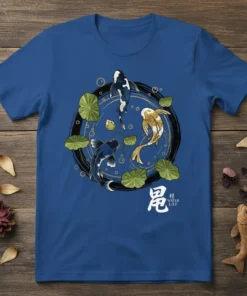 Blue t-shirt featuring a Japanese Koi Water Lily design with three koi fish swimming around lotus leaves within a black
