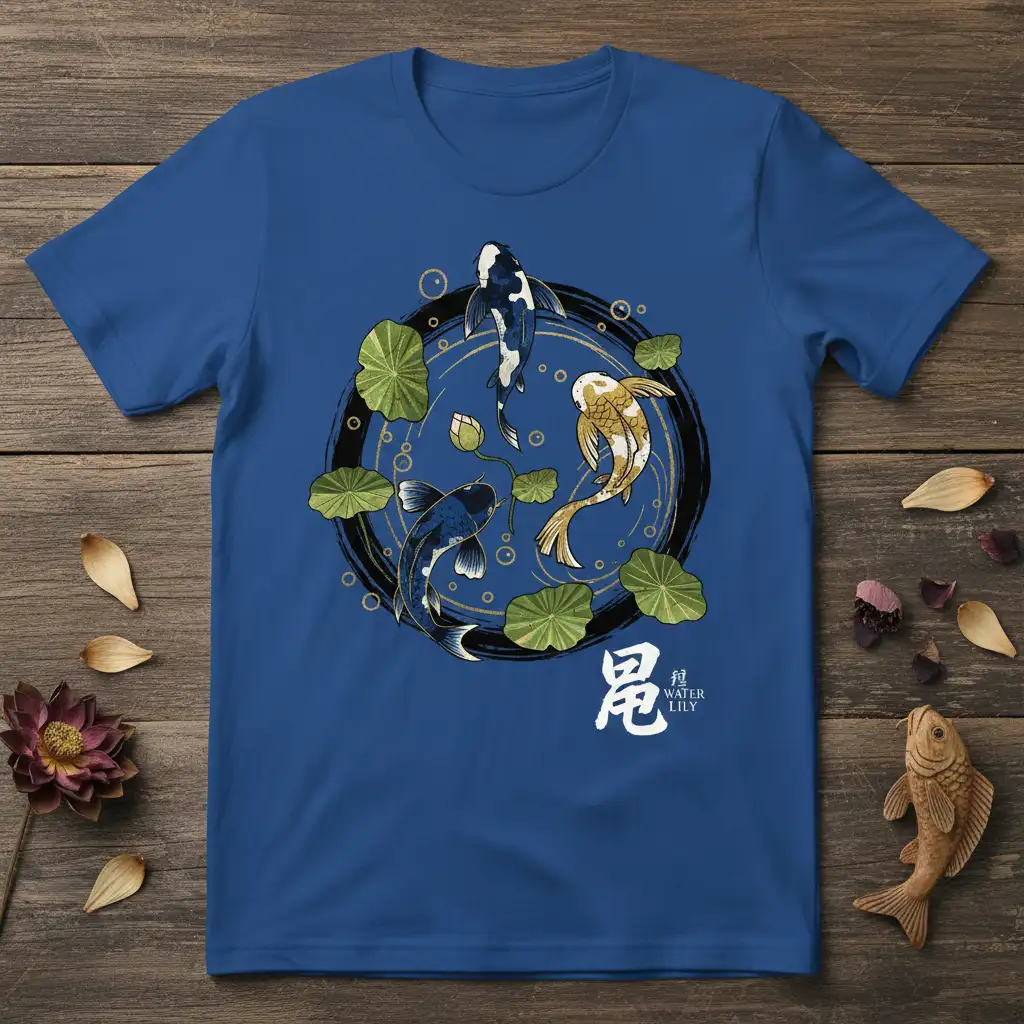 Koi Water Lily stylish graphic printed on quality cotton blend creating a standout t-shirt