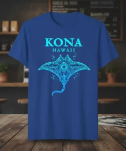 Kona Hawaii Manta Ray T-Shirt featuring a glowing blue manta ray graphic and text