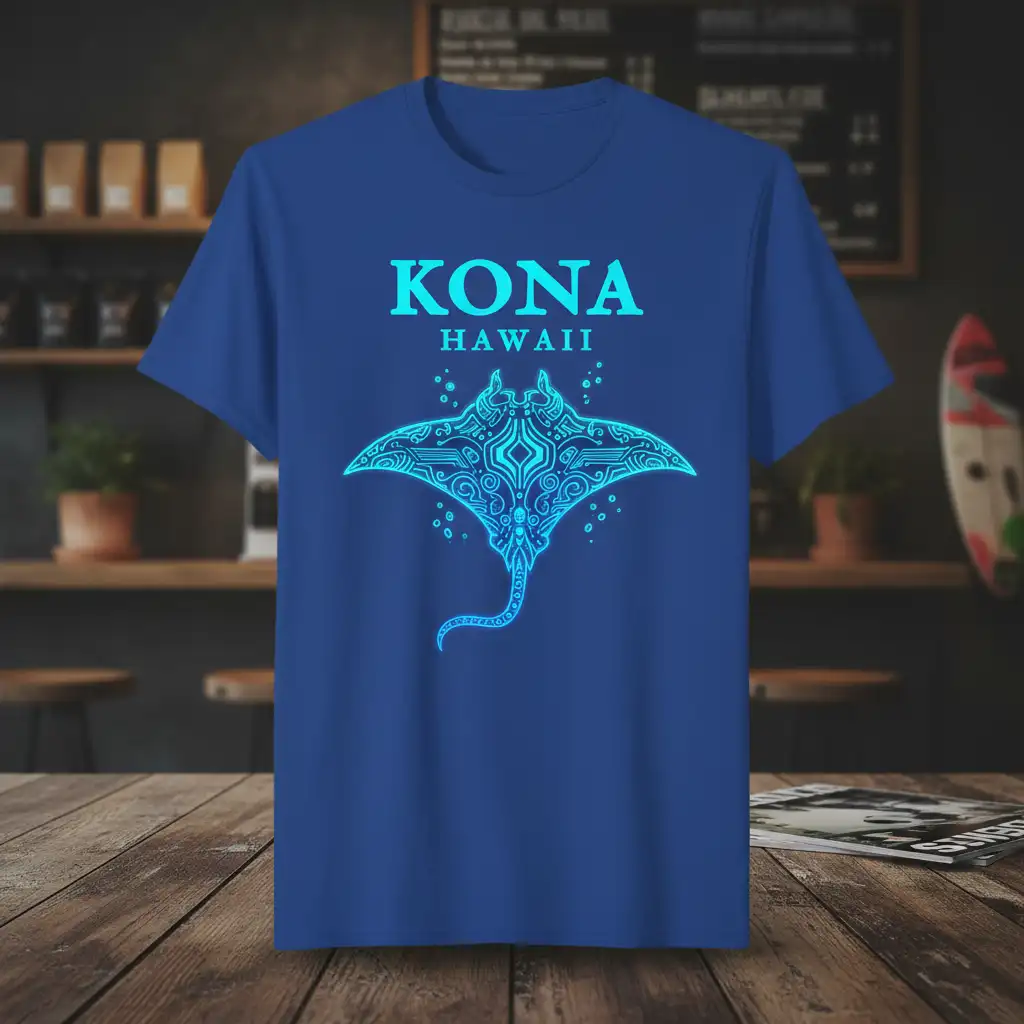 Kona Hawaii Manta Ray design with luminous blue manta ray and text, perfect for ocean lovers