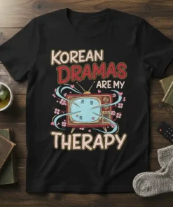 Korean Dramas Are My Therapy text on a black t-shirt with a vintage TV graphic and cherry blossoms