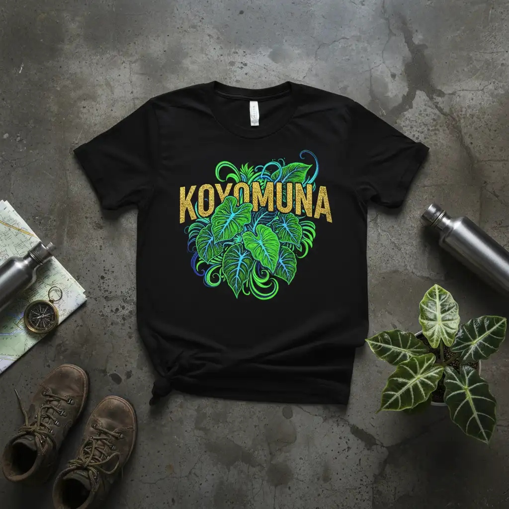KOYOMUNA text and vibrant philodendron leaves graphic on a black t-shirt design