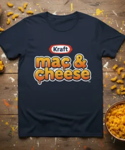 Kraft mac & cheese logo t-shirt design featuring orange cheesy pasta graphic and Kraft branding