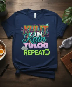 Kulit Kain Tulog Repeat text design in vibrant colors, featuring Filipino words for playful, eat, and sleep, with a repeat