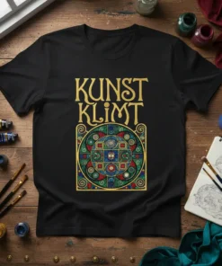 Black t-shirt featuring the golden text "KUNST KLIMT" above a colorful, circular stained-glass-style Art Nouveau design