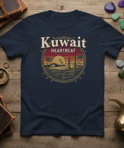 Kuwait Heartbeat t-shirt design with retro sunset, lighthouses, palm trees, and boats, featuring vintage distressed style