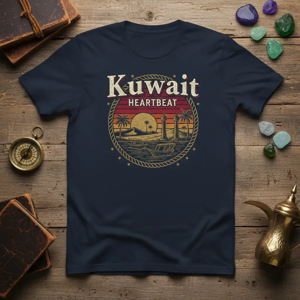 Kuwait Heartbeat retro sunset design with lighthouses and palm trees on a navy t-shirt