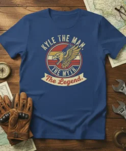 Kyle the Man The Myth The Legend text and eagle graphic on a blue t-shirt