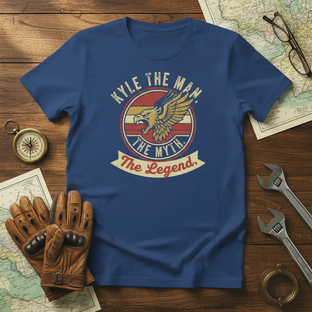 Kyle The Man The Myth The Legend quote with eagle emblem on a blue t-shirt
