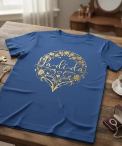 Blue t-shirt with "La-di-da" in a golden, ornate circular design with floral elements and hearts