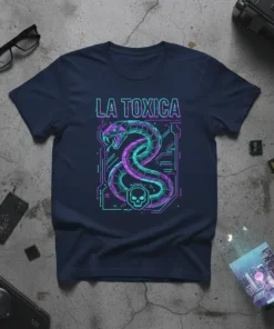 La Toxica neon snake and skull graphic t-shirt design with cyberpunk circuit board elements