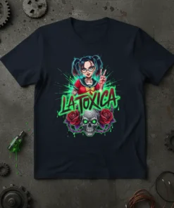La Toxica graphic t-shirt featuring an edgy anime girl with glasses, skull, roses, and neon green text