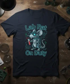 Lab Rat On Duty T-Shirt featuring a robotic mouse holding a test tube, with circuit board graphics