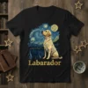 Labarador Retriever dog sitting under a starry night sky on a black t-shirt design