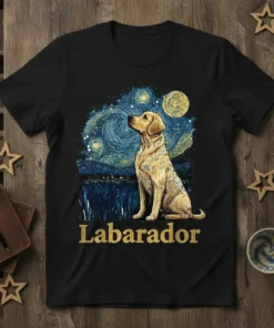 Labarador Retriever dog sitting under a starry night sky on a black t-shirt design