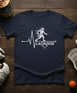 Lacrosse heartbeat graphic with player silhouette and crossed sticks, on a navy blue t-shirt