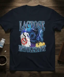 Lactose Intolerant t-shirt design with cracked milk jug and cheese graphic under a stormy sky