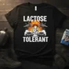 Lactose Tolerant t-shirt with military tanks, jets, and a milk carton graphic