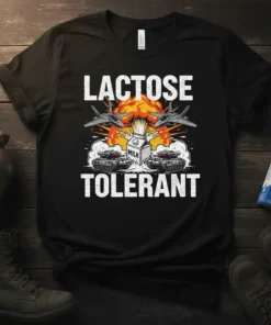 Lactose Tolerant t-shirt with military tanks, jets, and a milk carton graphic