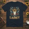 Lainey name t-shirt with a western-style bull skull adorned with sunflowers, roses, and horseshoe graphics