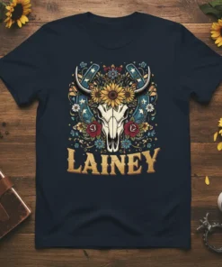 Lainey name t-shirt with a western-style bull skull adorned with sunflowers, roses, and horseshoe graphics