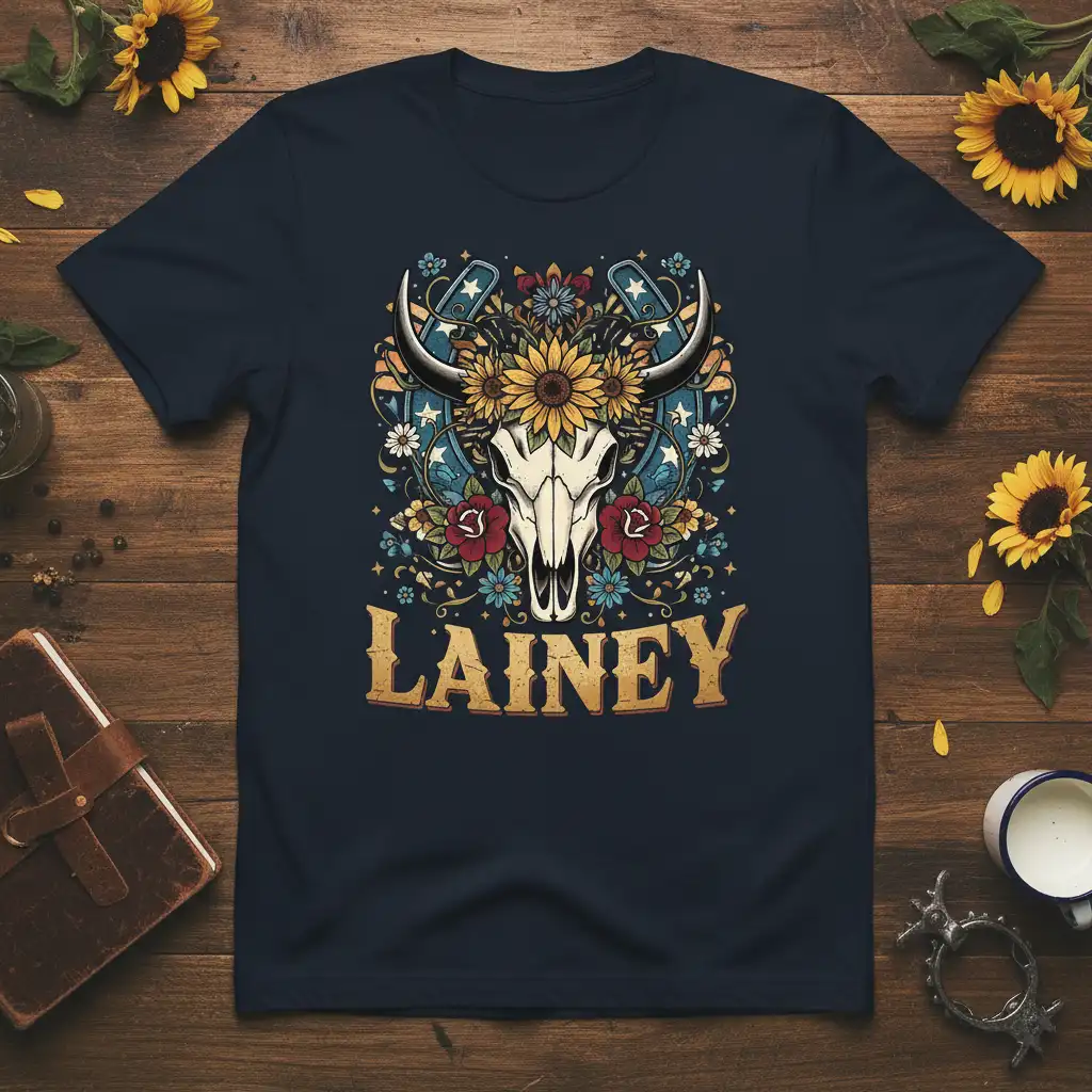 Lainey personalized name t-shirt with a detailed western bull skull, sunflowers, and floral elements