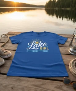 Blue t-shirt with "Lake Girl" text and sun graphic, set on a wooden dock by a lake at sunset