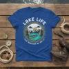 Lake Life Cuz Beaches Be Salty t-shirt with vintage circular graphic of a lake, mountains, trees, and a canoe
