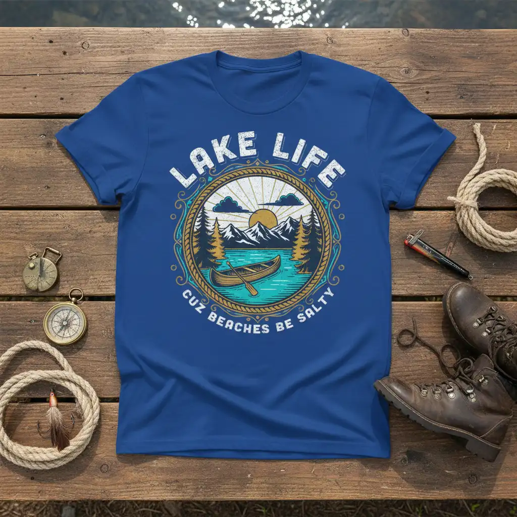 Lake Life Cuz Beaches Be Salty graphic tee with circular outdoor nature scene and canoe