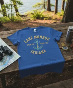 Blue t-shirt with "Lake Monroe Unsalted Shark Free Indiana" text and an anchor graphic