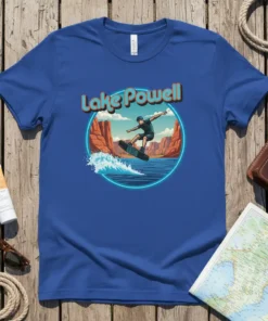 Lake Powell wakeboarding t-shirt design featuring a wakeboarder jumping on water with canyon background and text "Lake Powell"